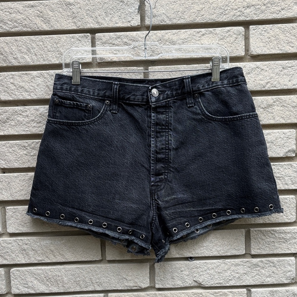 Abercrombie & Fitch Black Cutoff Jean Shorts with Silver Grommet Accents